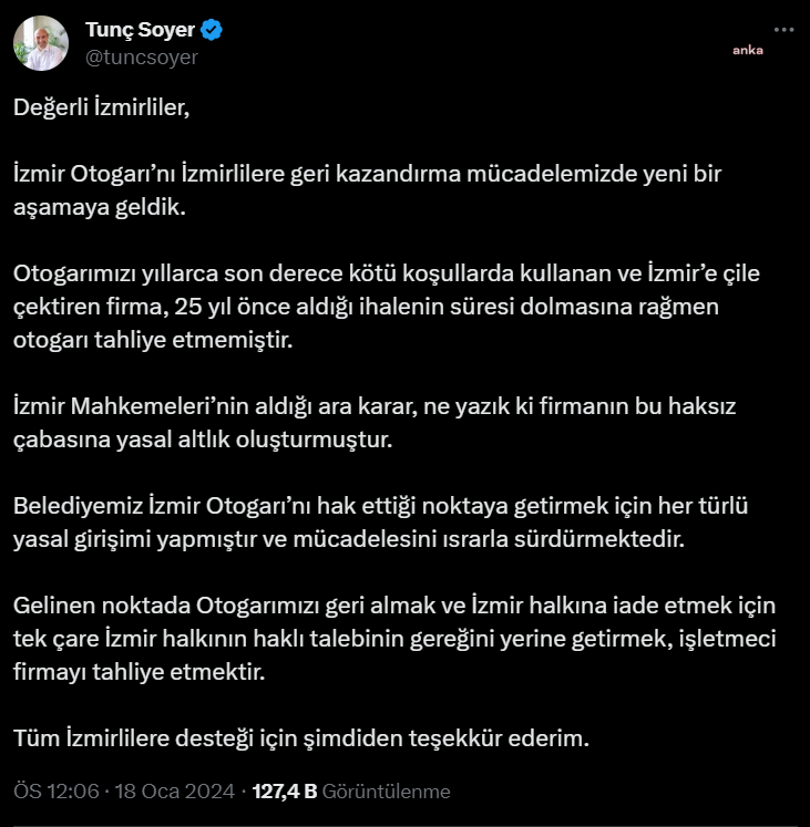 İzmir büyükşehir belediye başkanı tunç soyer: i̇zmir otogarı'nı i̇zmir'lilere geri kazandırma mücadelemizde yeni bir aşamaya geldik