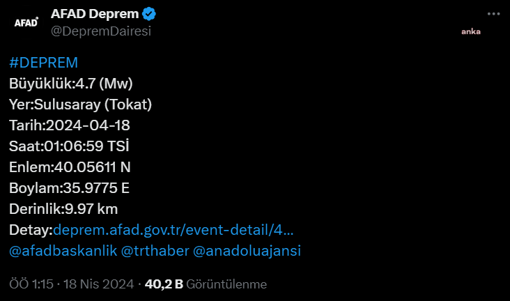 Tokat'ta 4. 7 büyüklüğünde deprem