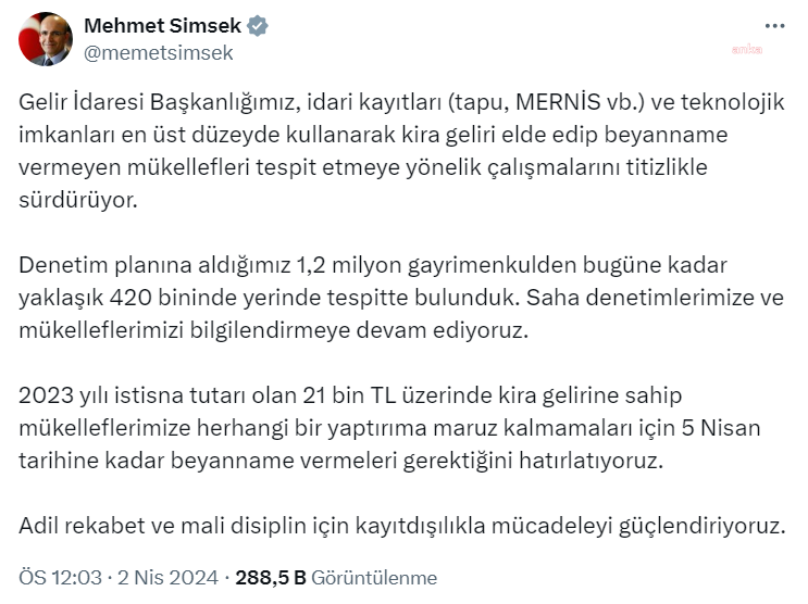 Mehmet şimşek'ten kira beyannamesi uyarısı