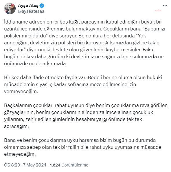 Ayşe ateş'ten sinan ateş i̇ddianamesine tepki