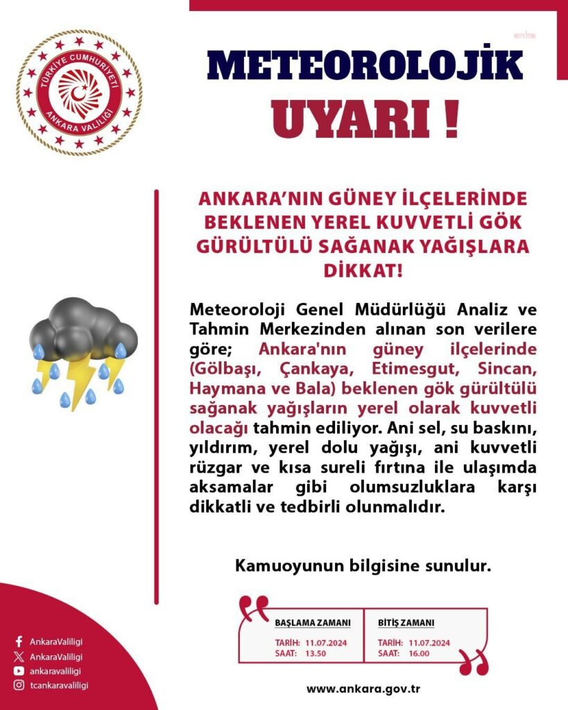 Ankara valiliği'nden kuvvetli sağanak yağış uyarısı