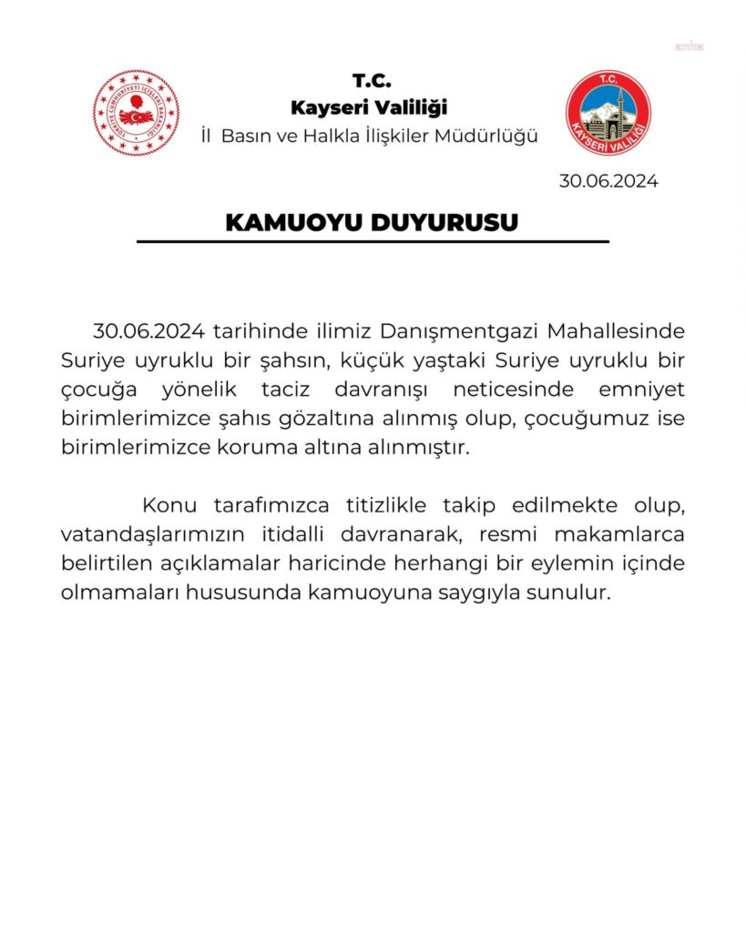 Kayseri valiliği’nden çocuk istismarı açıklaması