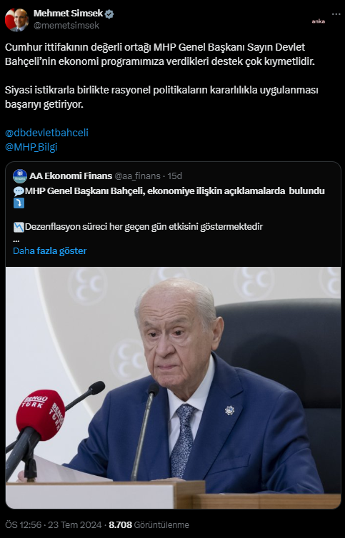 Bakan şimşek'ten bahçeli'ye teşekkür mesajı