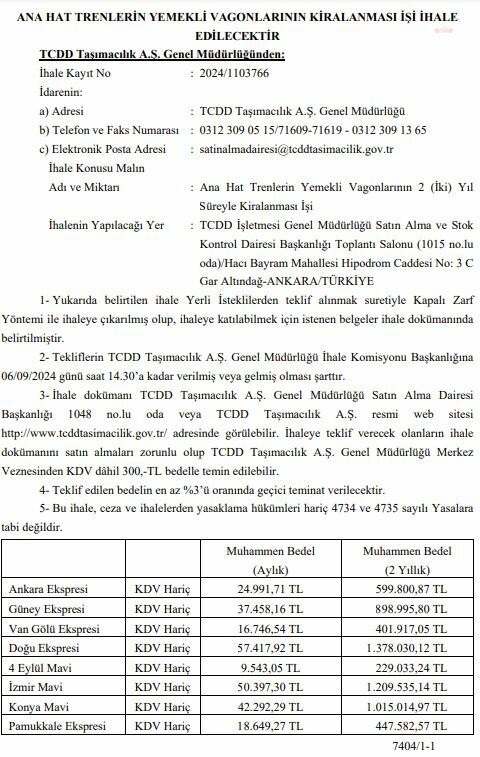 Ana hat trenlerin yemekli vagonları kiralanacak