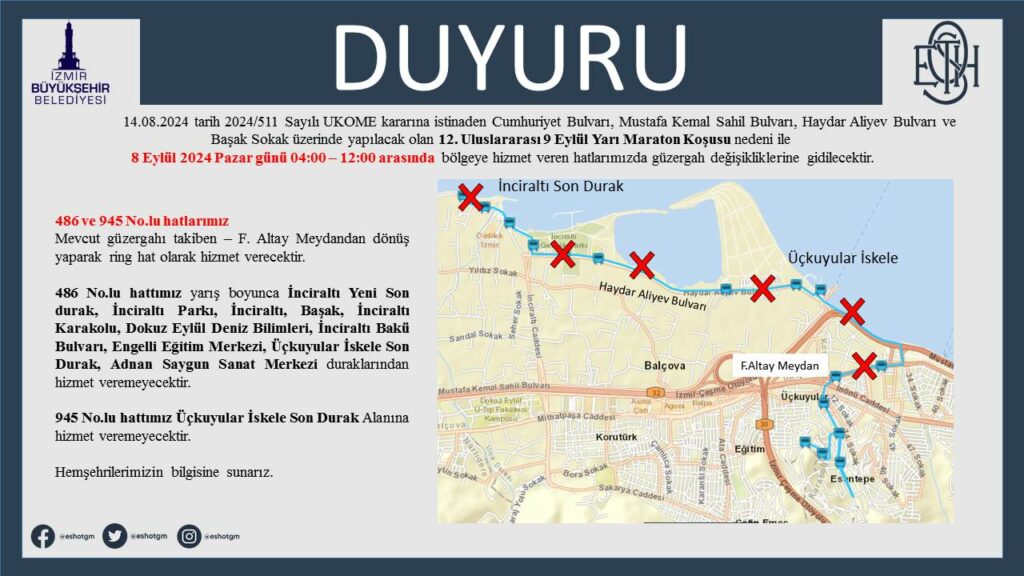 8 eylül pazar sabahı ulaşıma maraton düzenlemesi