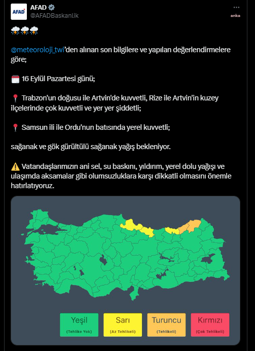 Afad: 5 ildeki kuvvetli yağışlara dikkat