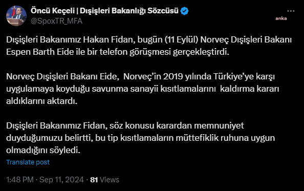 Bakanı fidan, norveç dışişleri bakanı eide ile görüştü