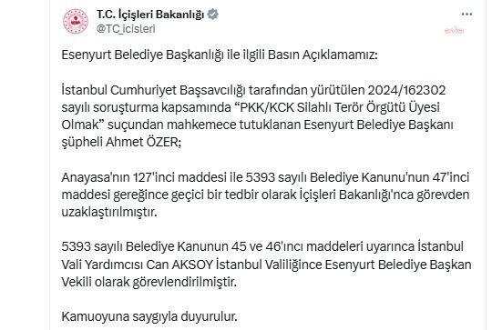 İçişleri bakanlığı duyurdu: esenyurt belediye'sine kayyum atandı